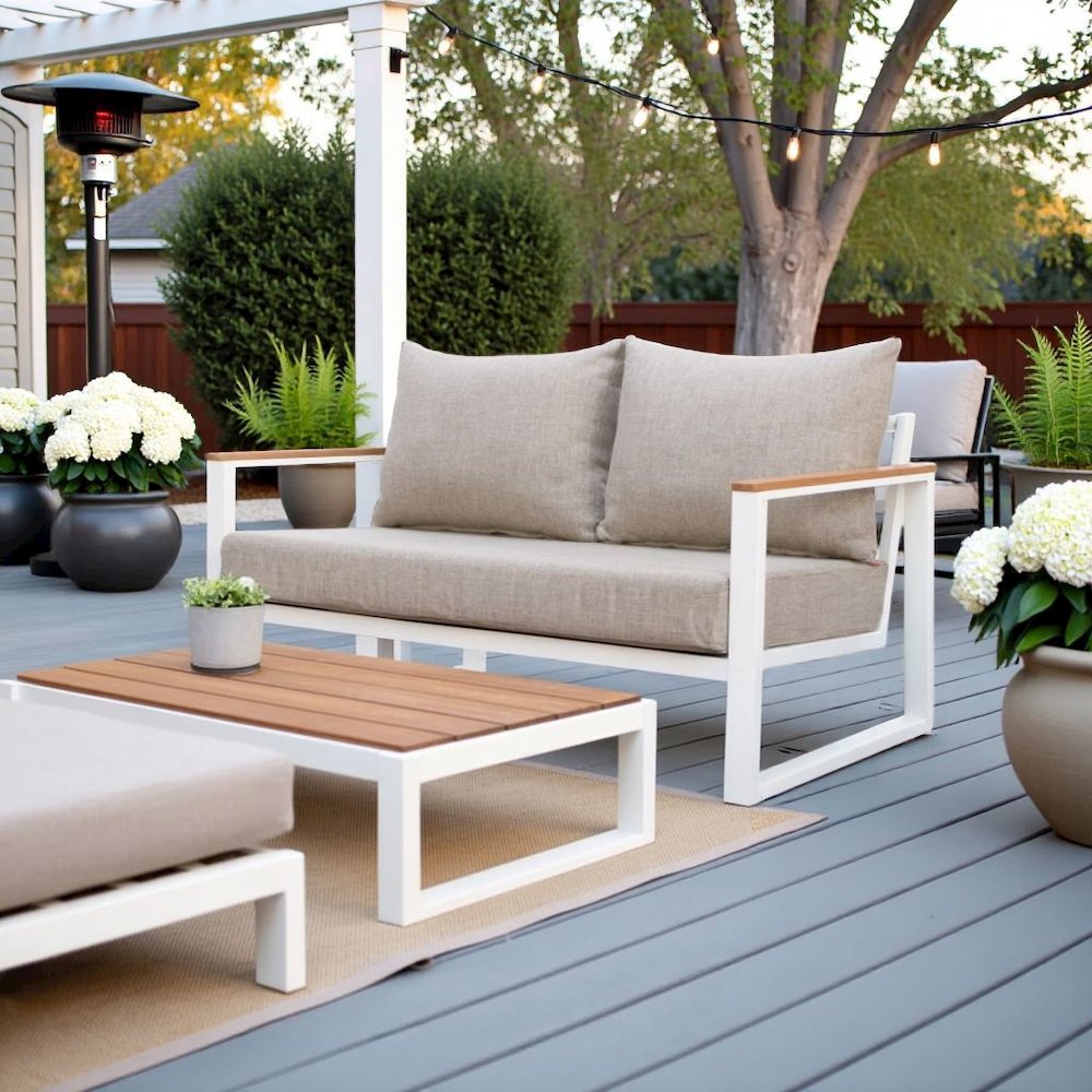 Brown Outdoor Loveseat, Small Patio Sofa With Aluminum Frame Design. Picture 3