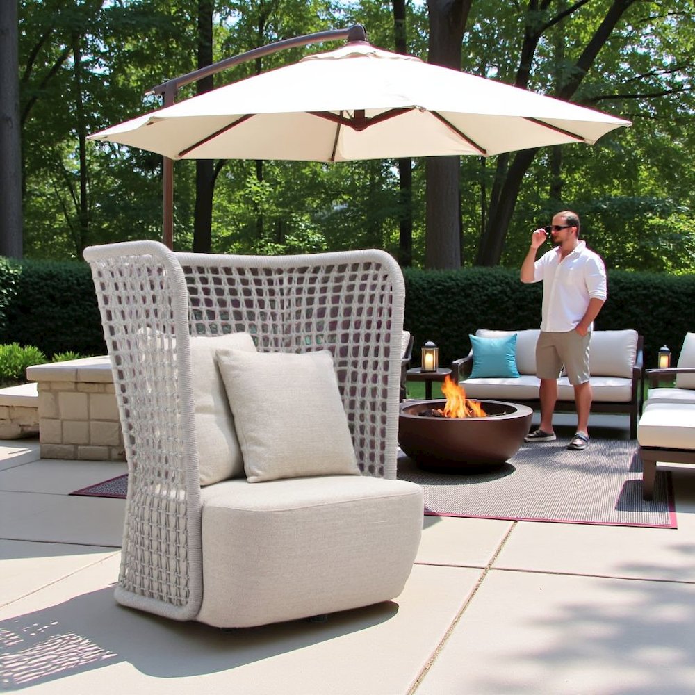 Beige Outdoor Club Seating, Wide Cushioned Patio Lounge With Backrest. Picture 3