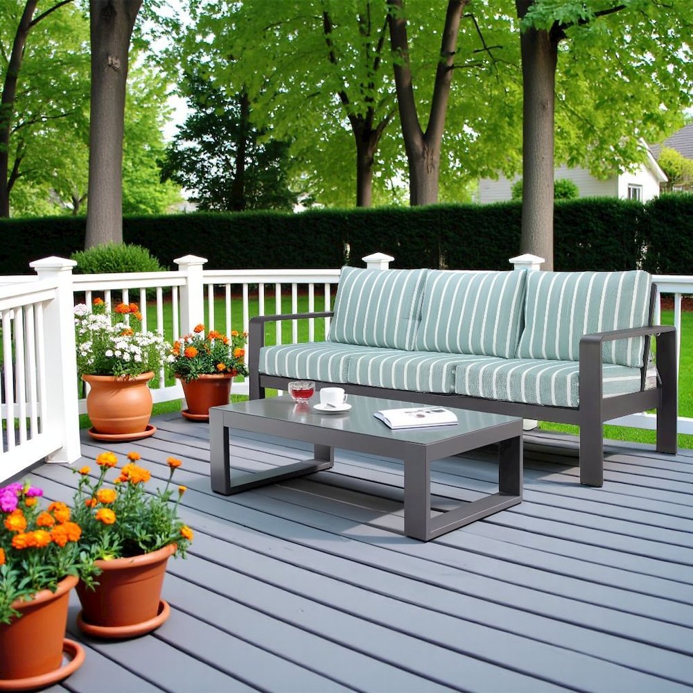 Green Outdoor Sofa With Cushions, Patio Couch for Three With Aluminum Frame. Picture 3