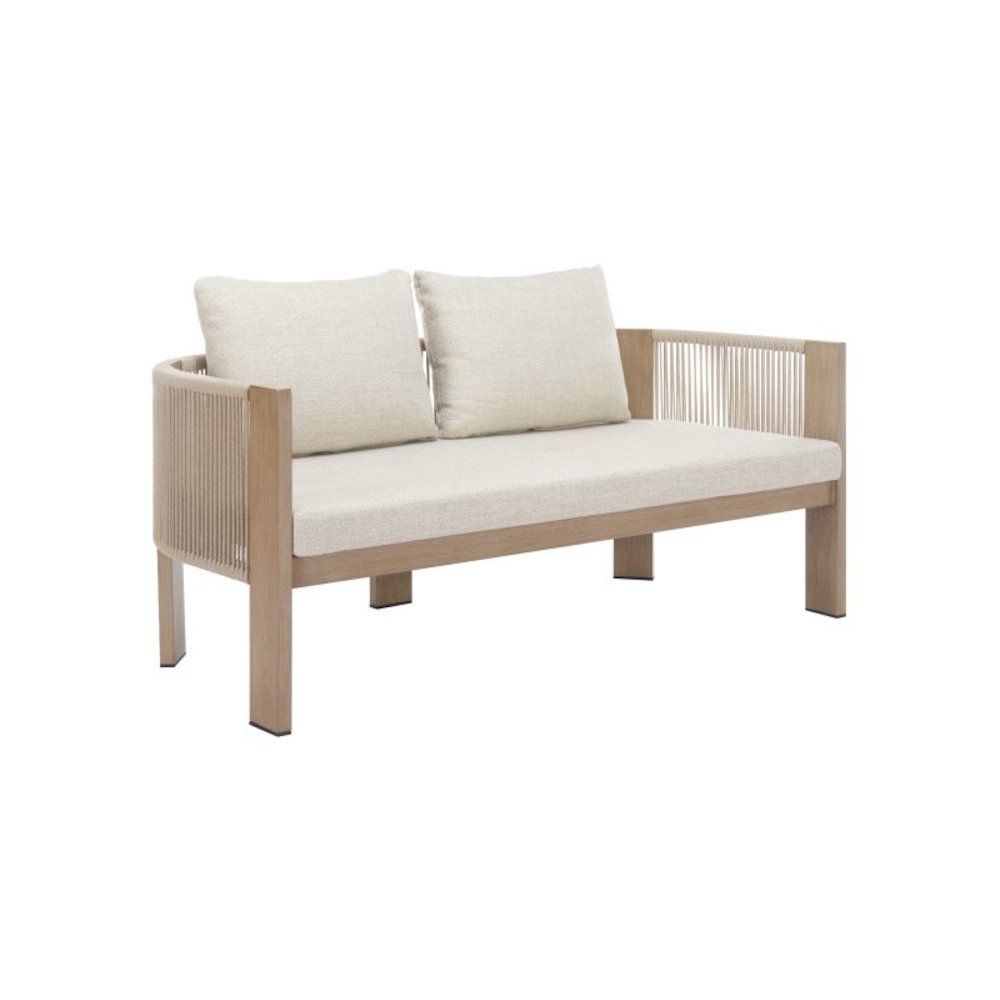 Beige Outdoor Sofa for Patios With Cushions, Aluminum Frame, 2-Seat Design. Picture 1