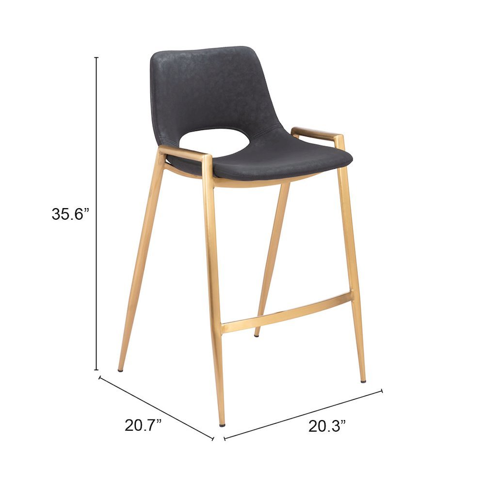 Counter Stools Set of 2, Black Faux Leather, Electroplated Gold Legs. Picture 9