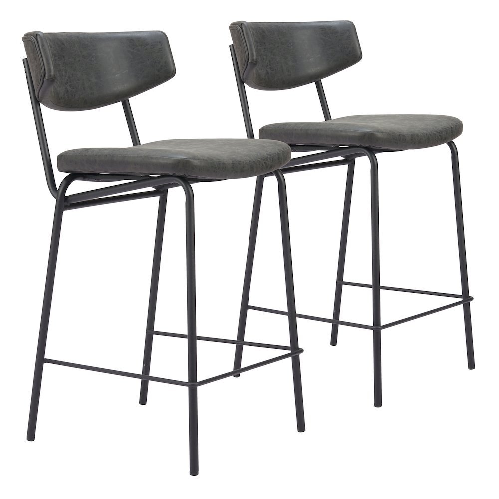 Counter Stools Set of 2, Vintage Black Faux Leather, Steel Legs. Picture 1