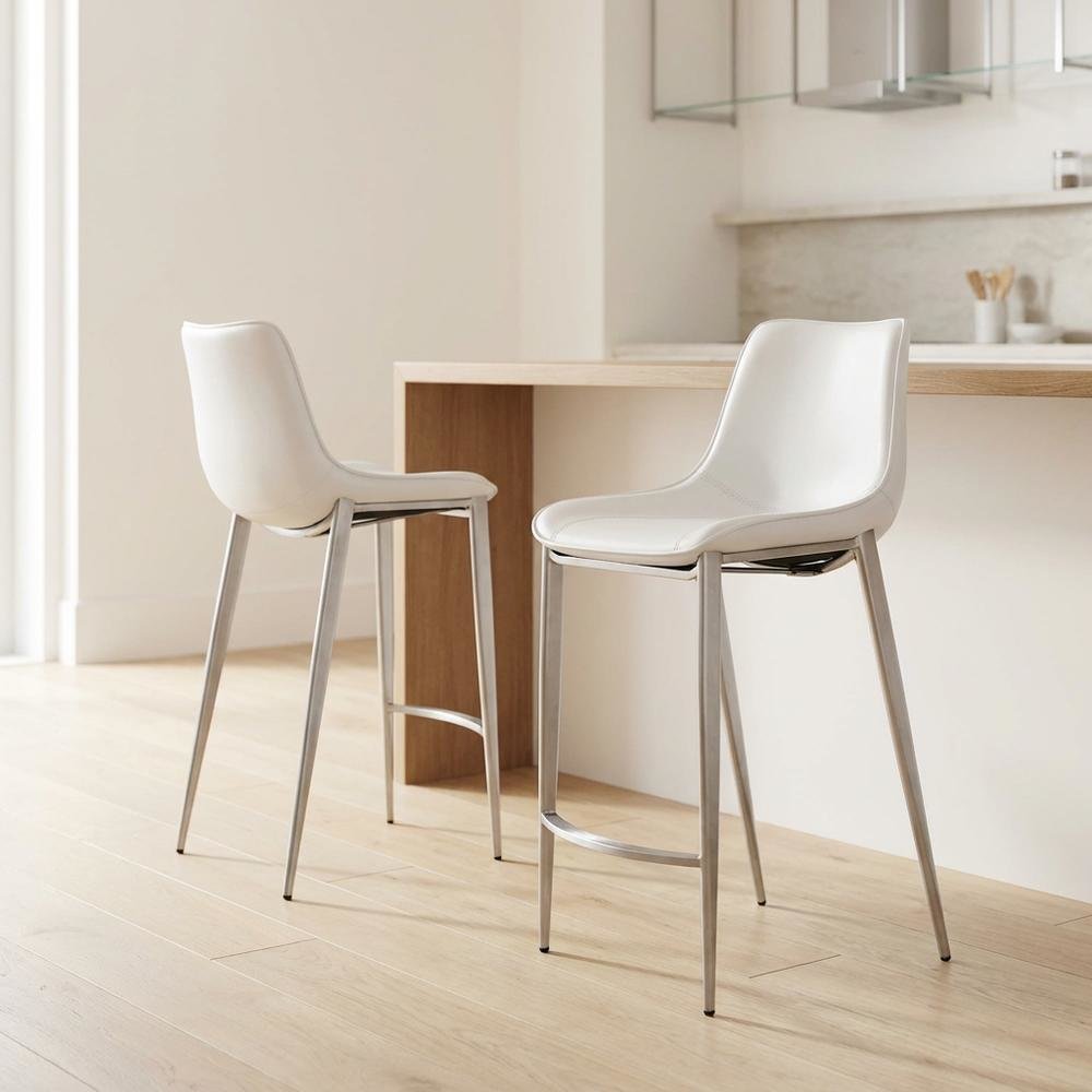 White Counter Chairs Set of 2 with Brushed Stainless Accents, Modern Design. Picture 9