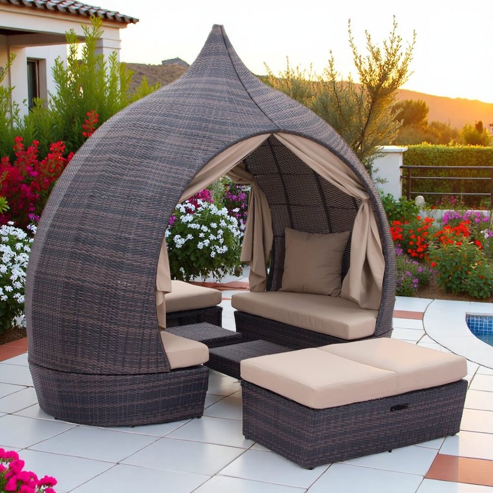 Brown Outdoor Daybed With Canopy, Modern Patio Bed Lounger Design. Picture 2