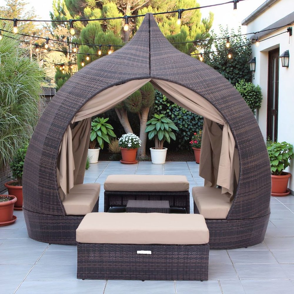 Brown Outdoor Daybed With Canopy, Modern Patio Bed Lounger Design. Picture 3