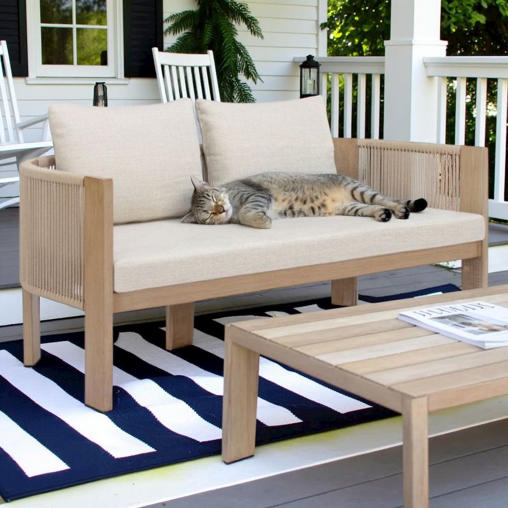 Beige Outdoor Sofa for Patios With Cushions, Aluminum Frame, 2-Seat Design. Picture 2