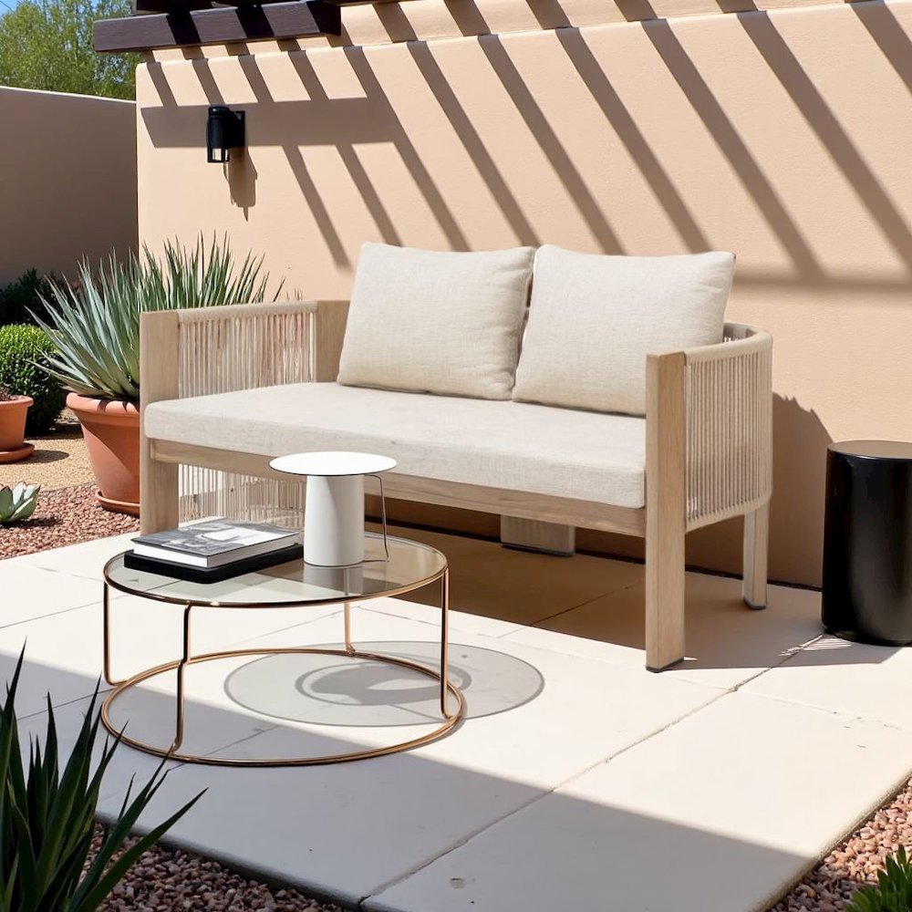 Beige Outdoor Sofa for Patios With Cushions, Aluminum Frame, 2-Seat Design. Picture 3