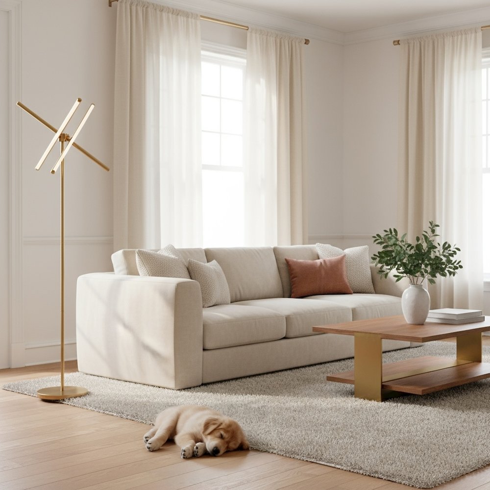 Floor Lamp, Brass, Works with Dimmer, Steel and Silicone. Picture 3