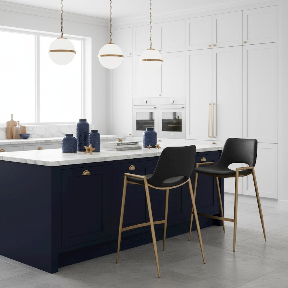 Counter Stools Set of 2, Black Faux Leather, Electroplated Gold Legs. Picture 2