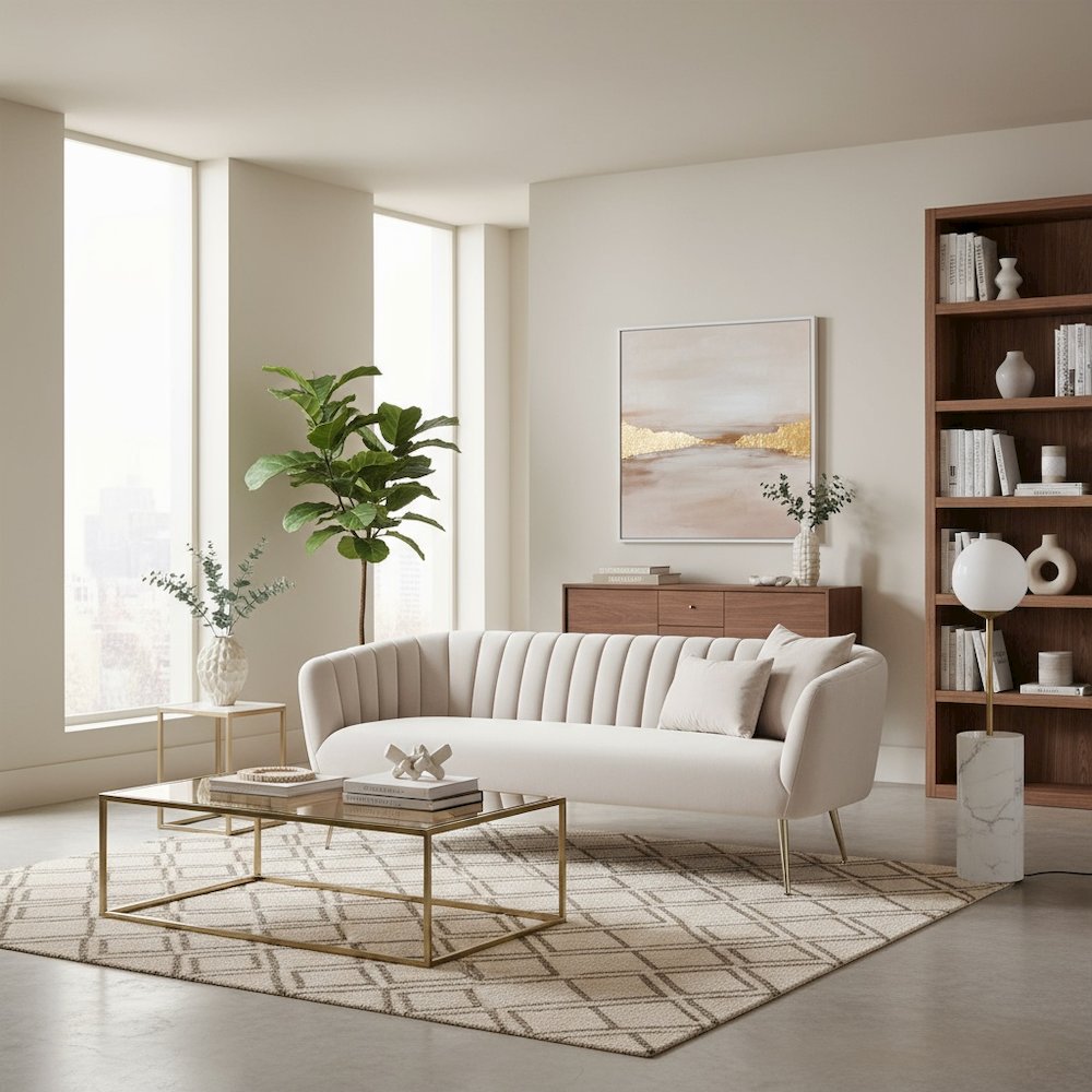 Sofa, Beige Velvet Fabric, 3-Seater, Steel Legs, Armrest Support. Picture 3