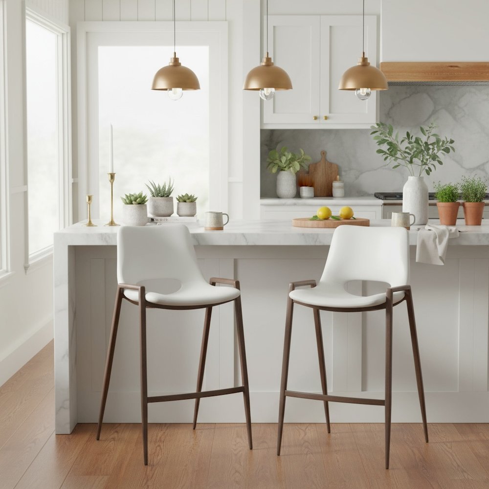 Counter Stools Set of 2, White Faux Leather, Faux Wood Steel Legs. Picture 3
