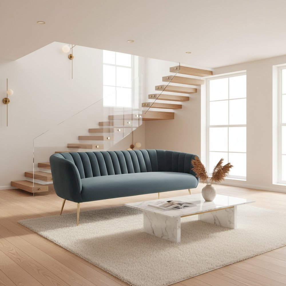 Sofa, Gray Velvet Fabric, 3-Seater, Steel Legs, Armrest Support. Picture 2
