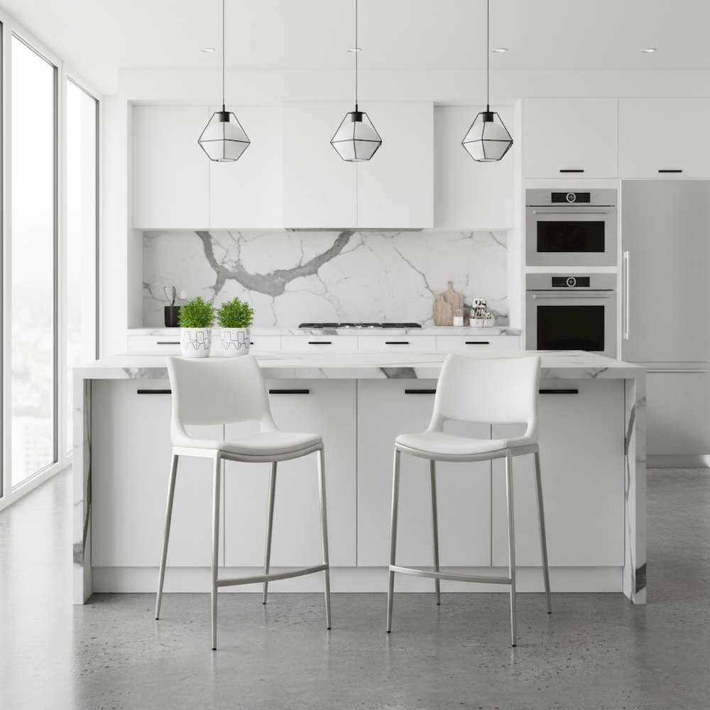 Counter Stools Set of 2, White Faux Leather, Silver Steel Legs. Picture 3