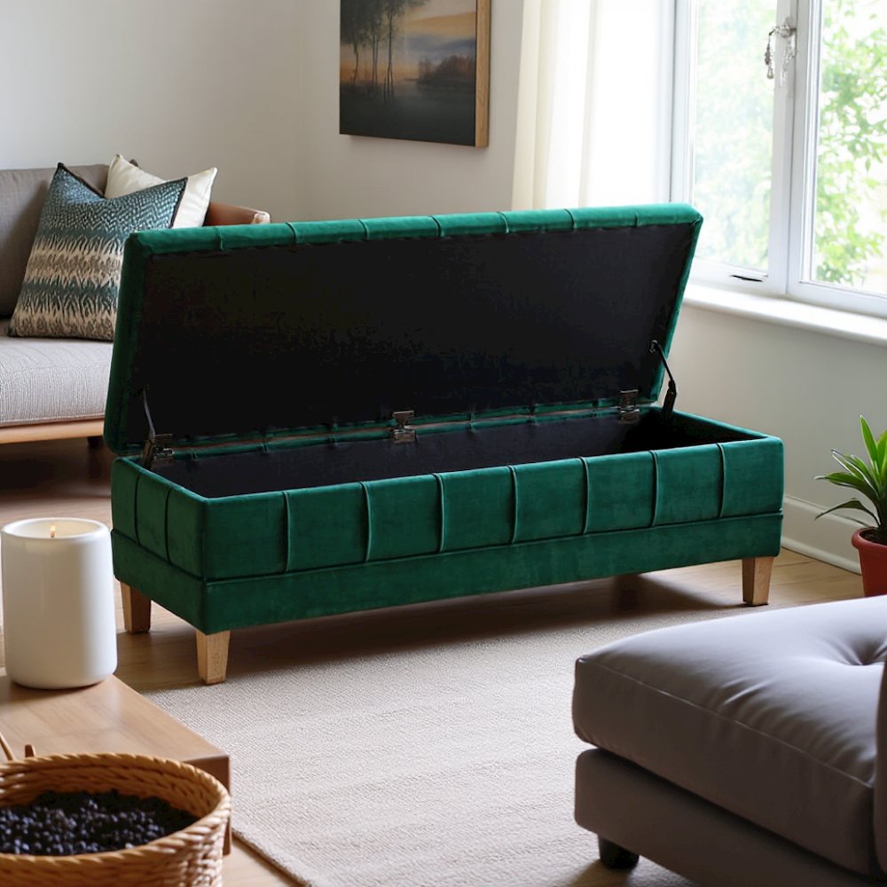Green Tufted Storage Ottoman Bench with Rubberwood Frame for Entryway. Picture 13
