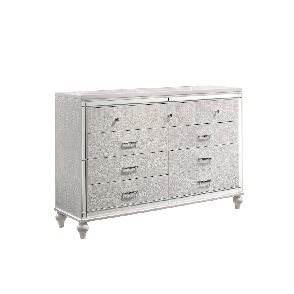 Furniture Valentine Solid Wood Dresser with 9 Drawers in White. Picture 1