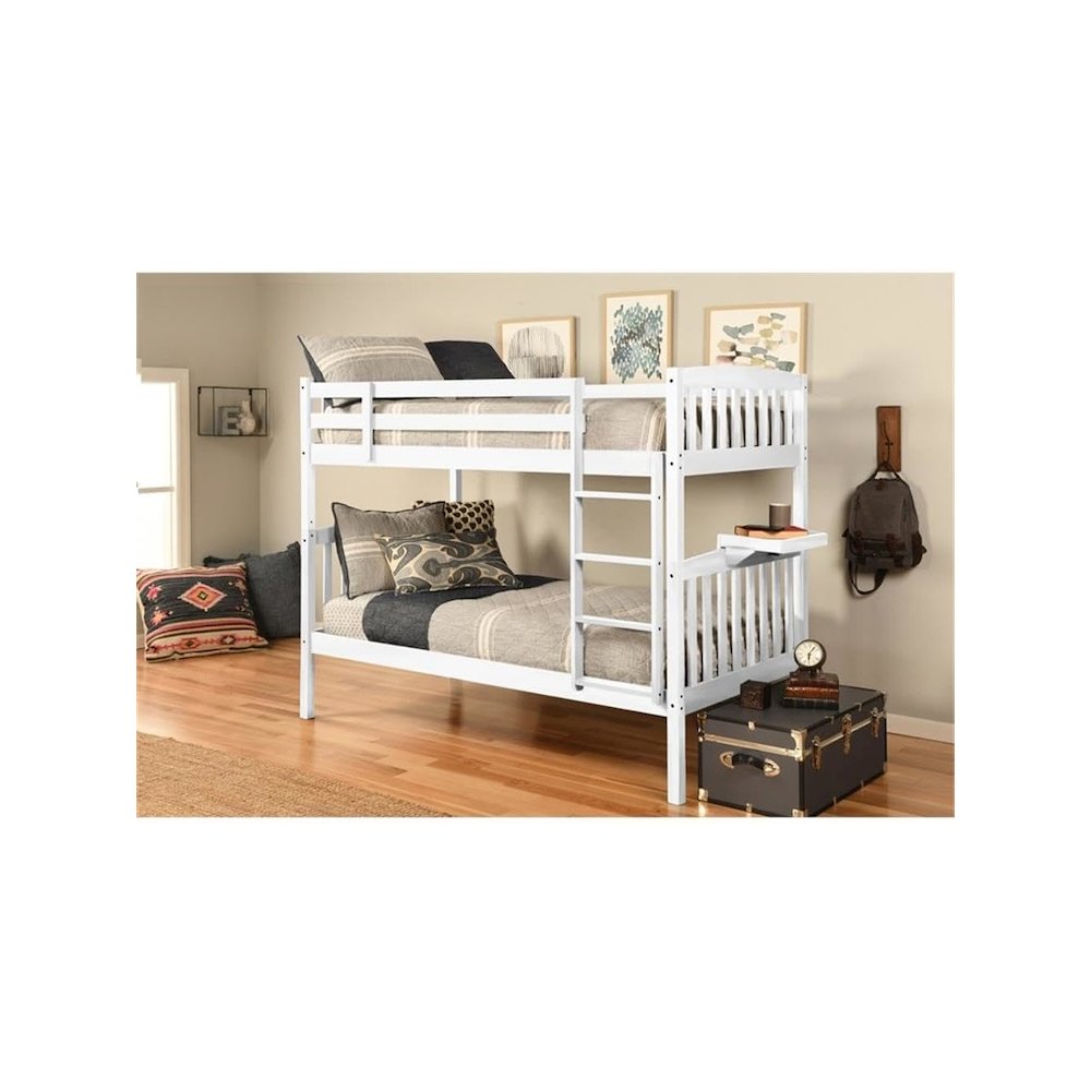 Claire Twin Wood Bunk Bed with Tray in White-Mattresses Not Included. Picture 2