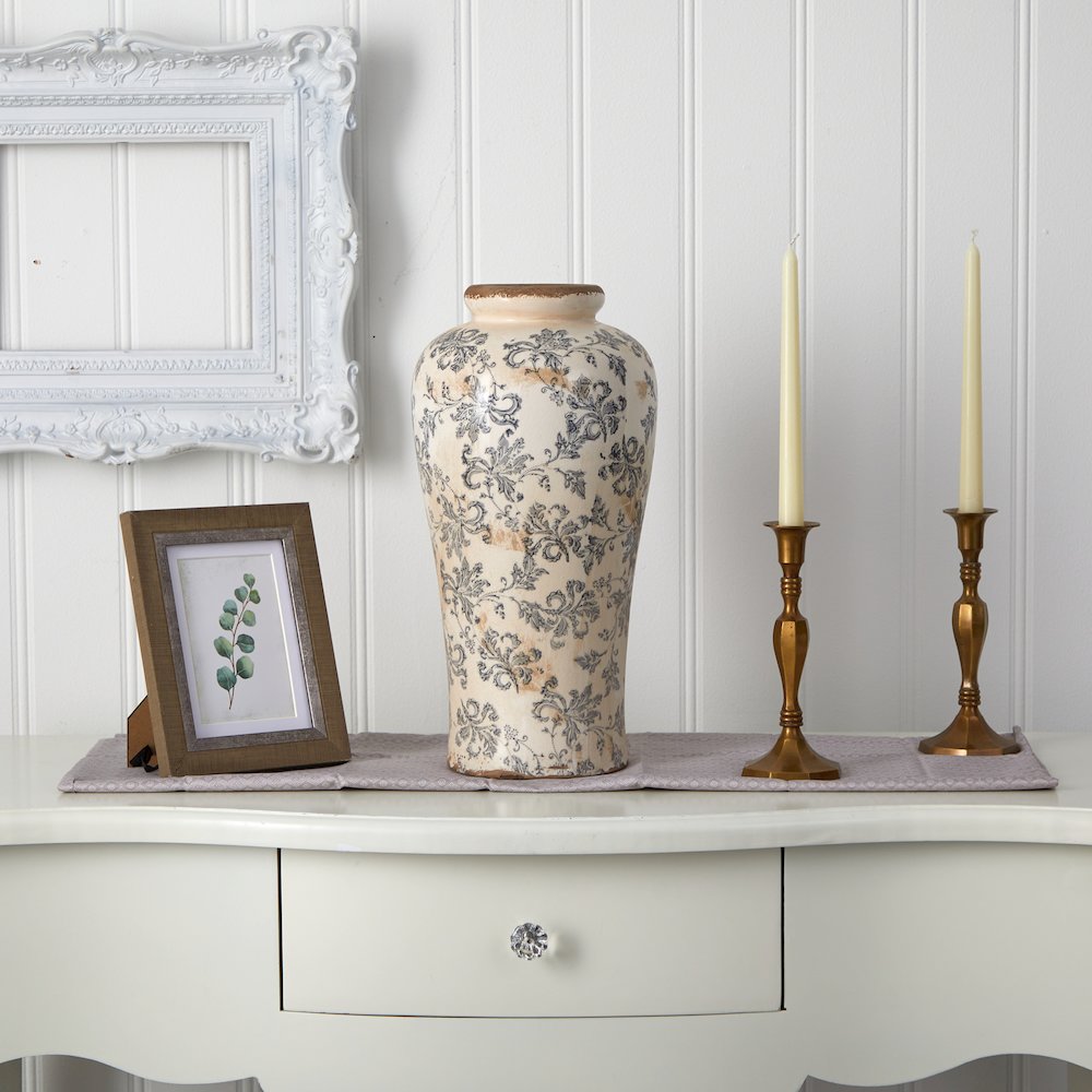 16in. Tuscan Ceramic Floral Scroll Urn Vase. Picture 3