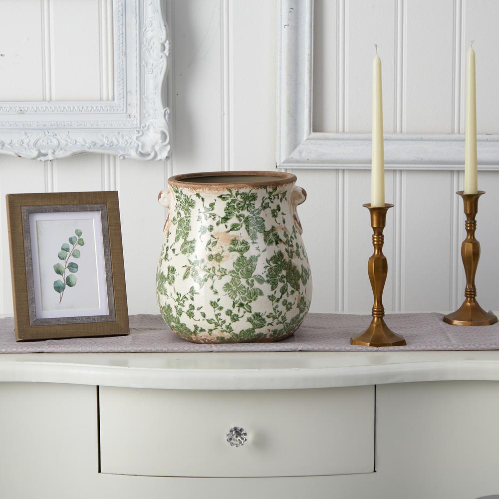 10in. Tuscan Ceramic Green Scroll Planter. Picture 3