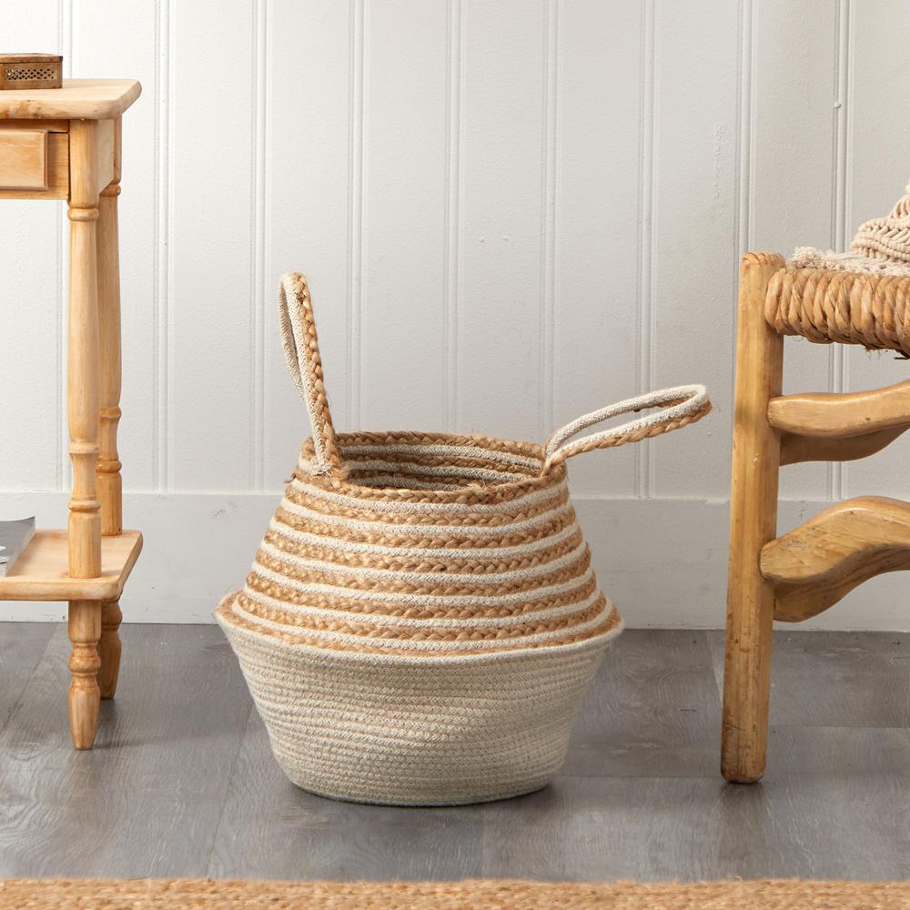 14in. Boho Chic Belly Basket Natural Jute and Cotton Basket Planter. Picture 6