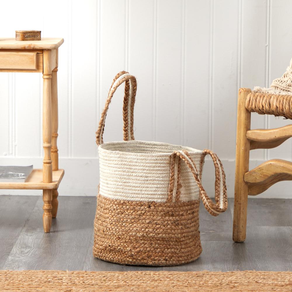 14in. Boho Chic Basket Planter Natural Cotton and Jute with Handles. Picture 6