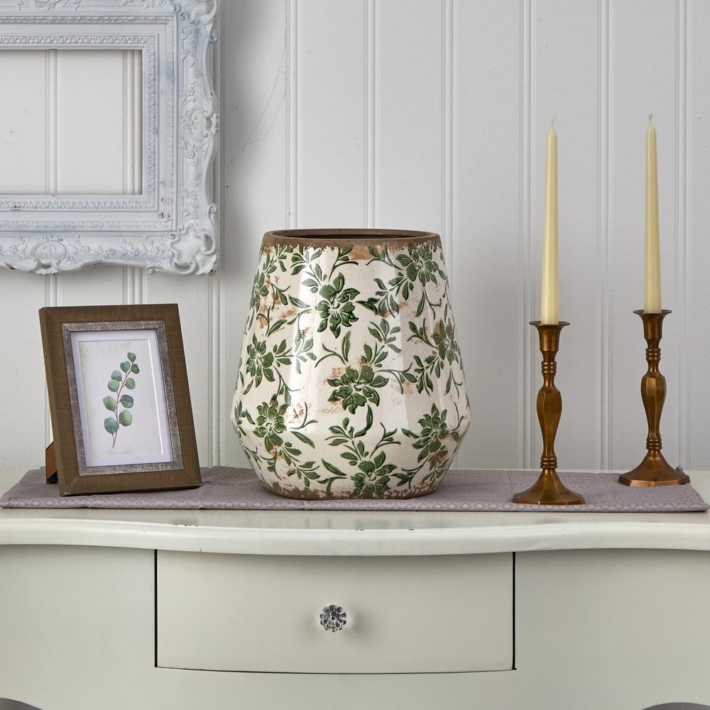 10in. Tuscan Ceramic Green Scroll Planter. Picture 3