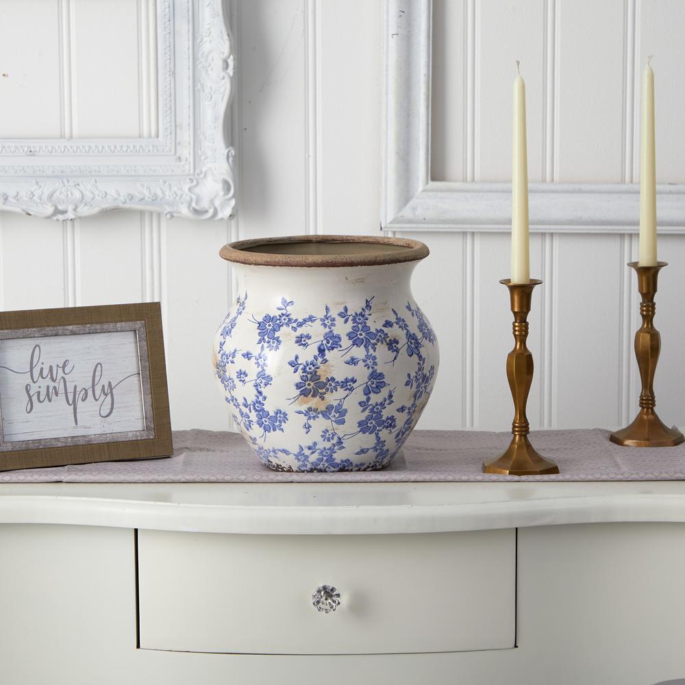10.5in. Tuscan Ceramic Blue Scroll Urn Vase. Picture 3