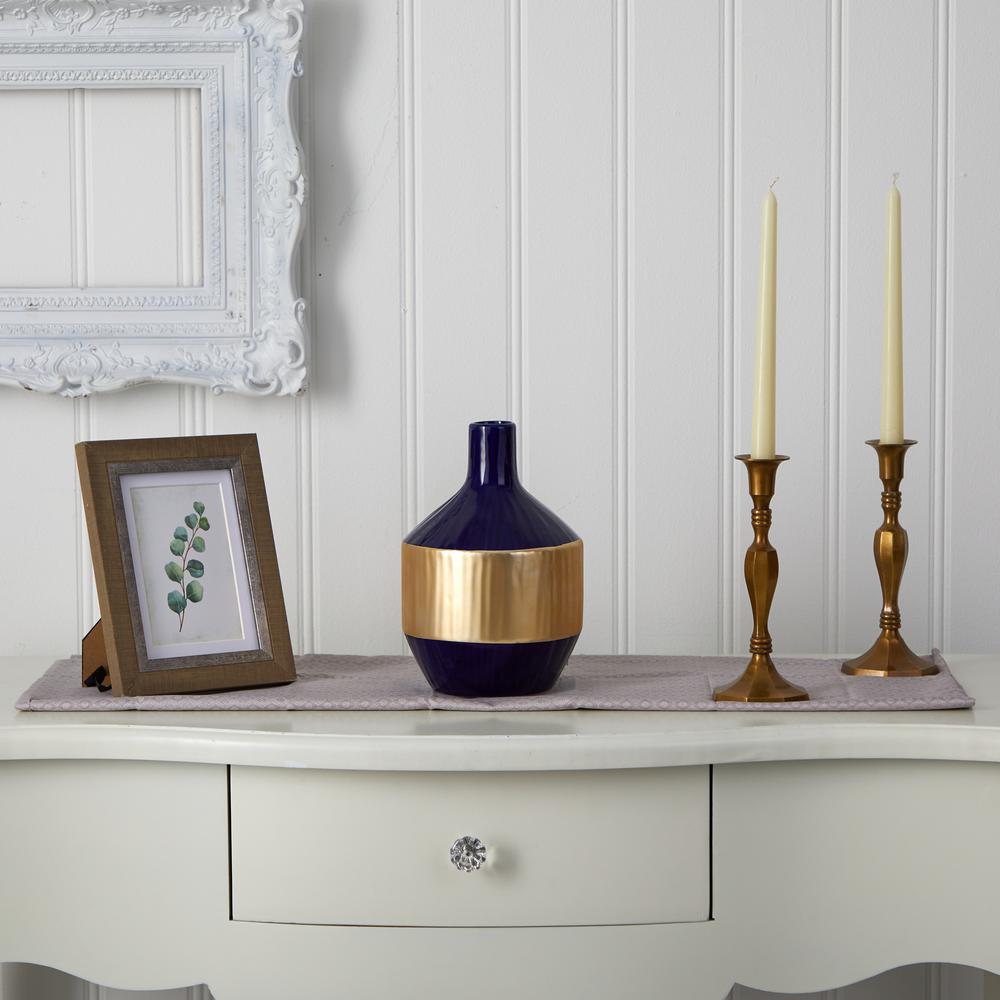9in. Lux Blue Ceramic Vase with Gold Band. Picture 3