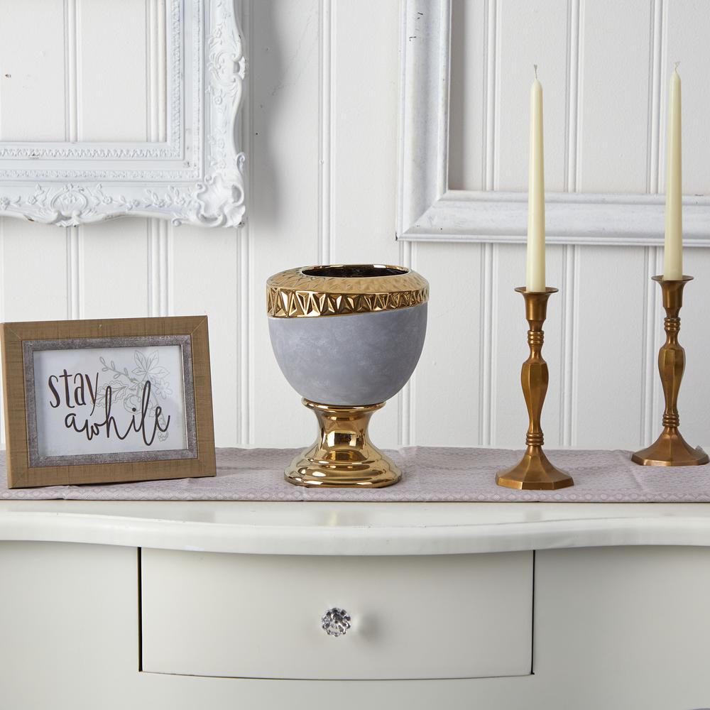 9.25in. Regal Stone Urn with Gold Accents. Picture 3