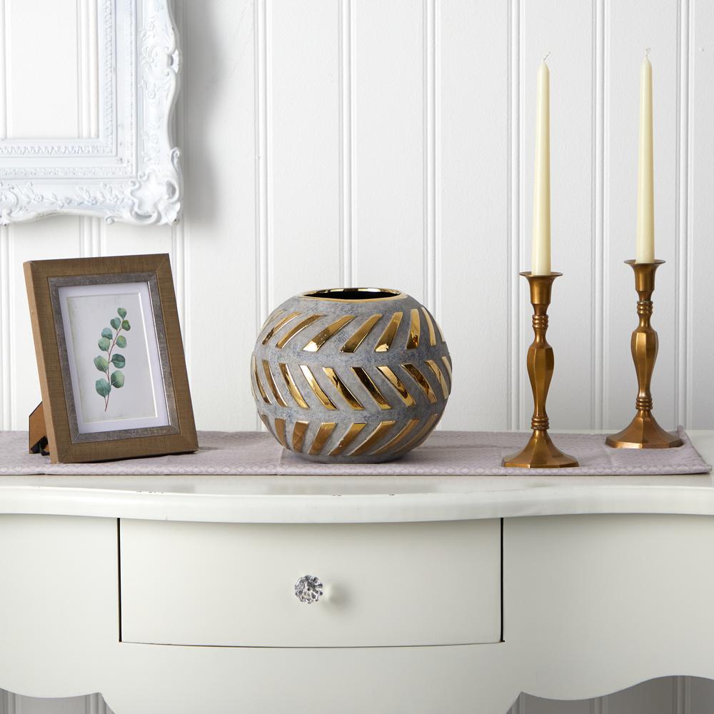 8in. Regal Round Stone Vase with Gold Accents. Picture 3
