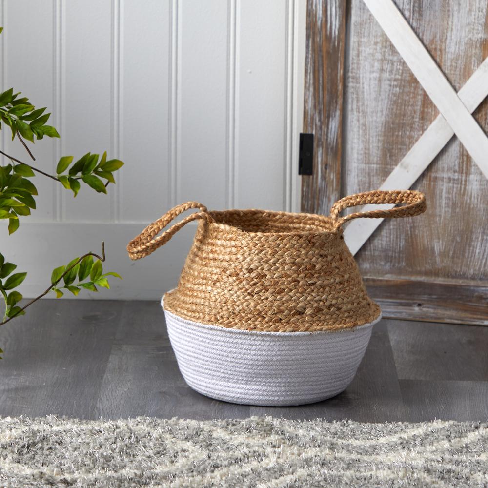 14in. Boho Chic Handmade Cotton & Jute White Woven Basket Planter. Picture 2