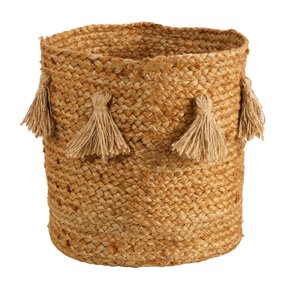 12.5in. Boho Chic Natural Hand-Woven Jute Basket Planter with Tassels. Picture 1