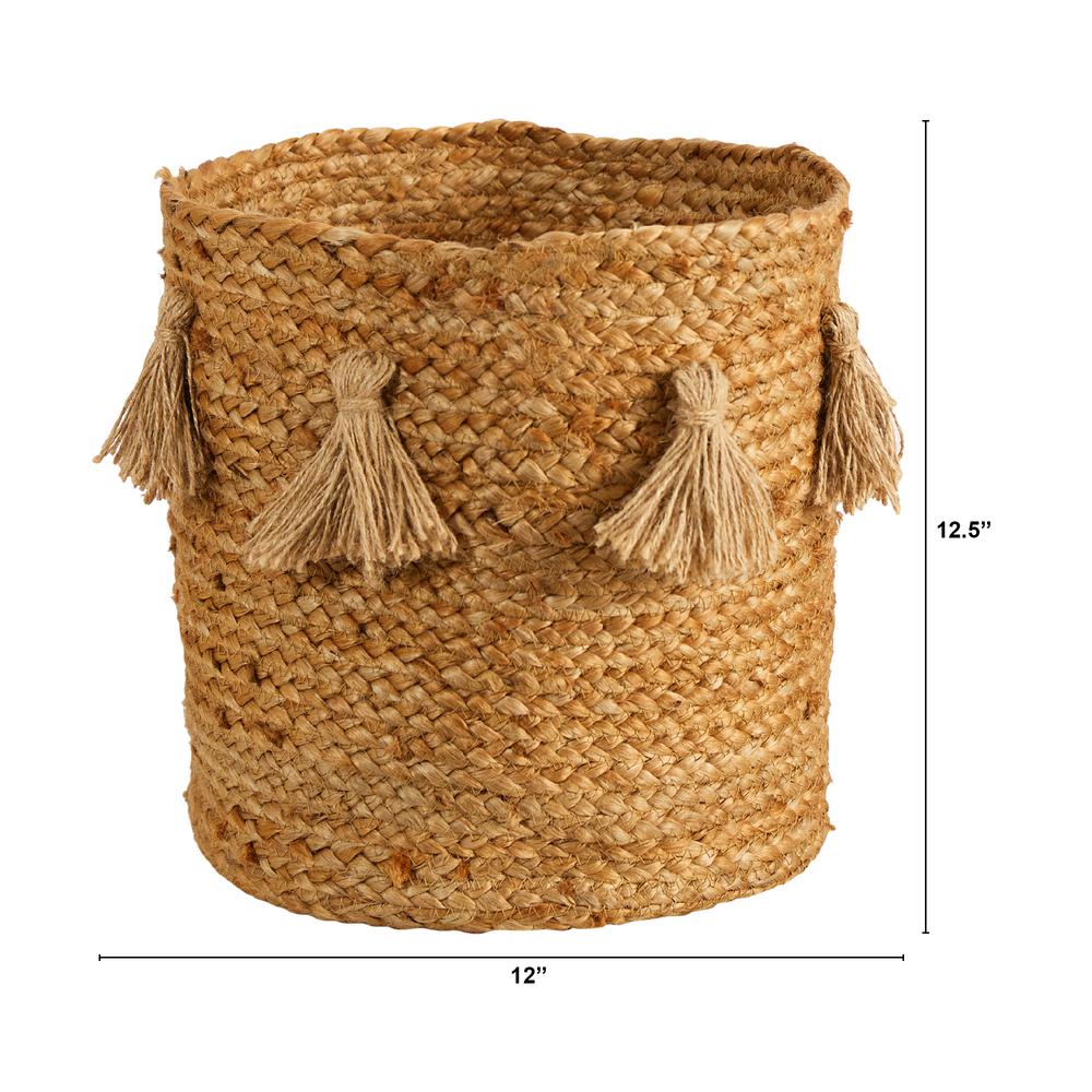 12.5in. Boho Chic Natural Hand-Woven Jute Basket Planter with Tassels. Picture 2