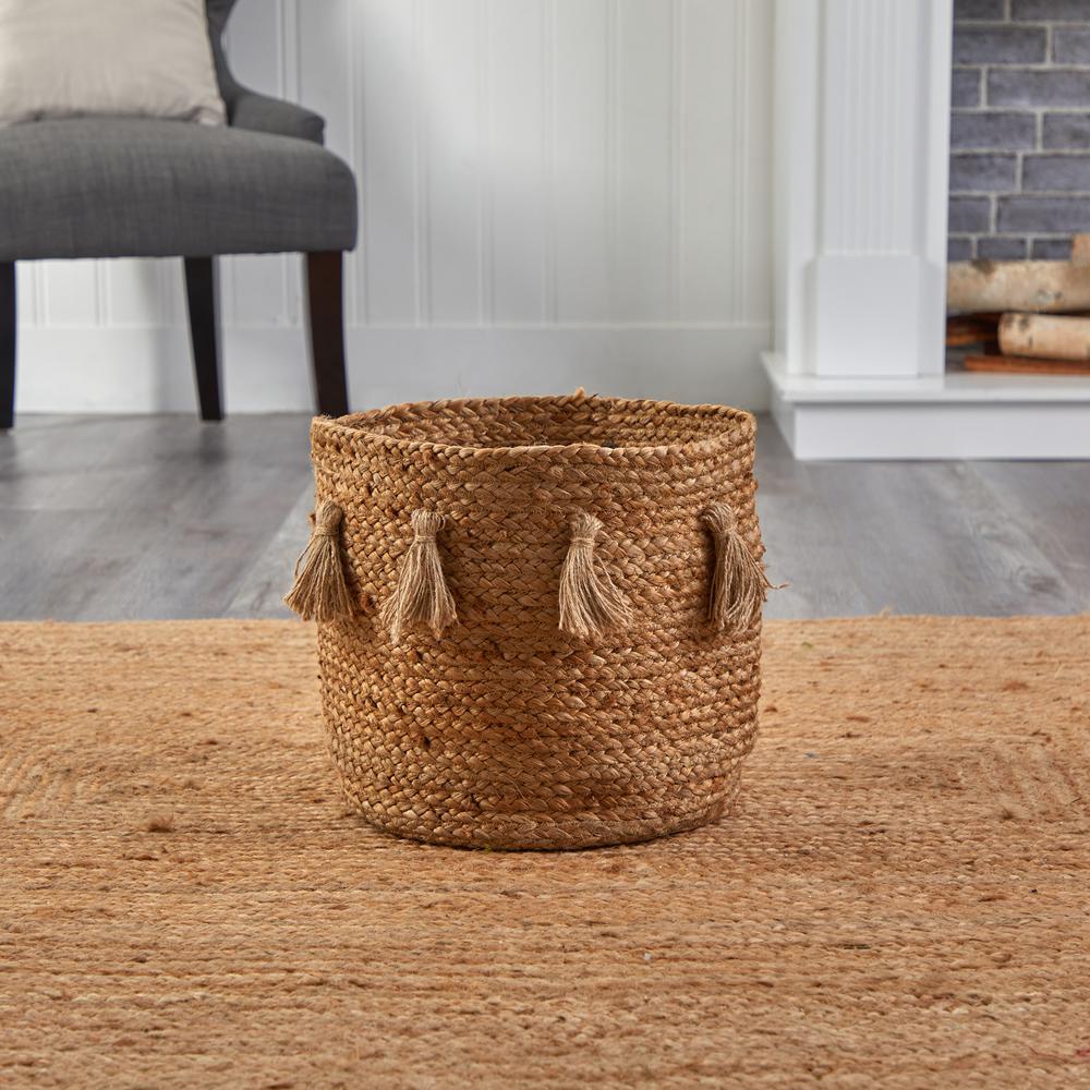 12.5in. Boho Chic Natural Hand-Woven Jute Basket Planter with Tassels. Picture 3