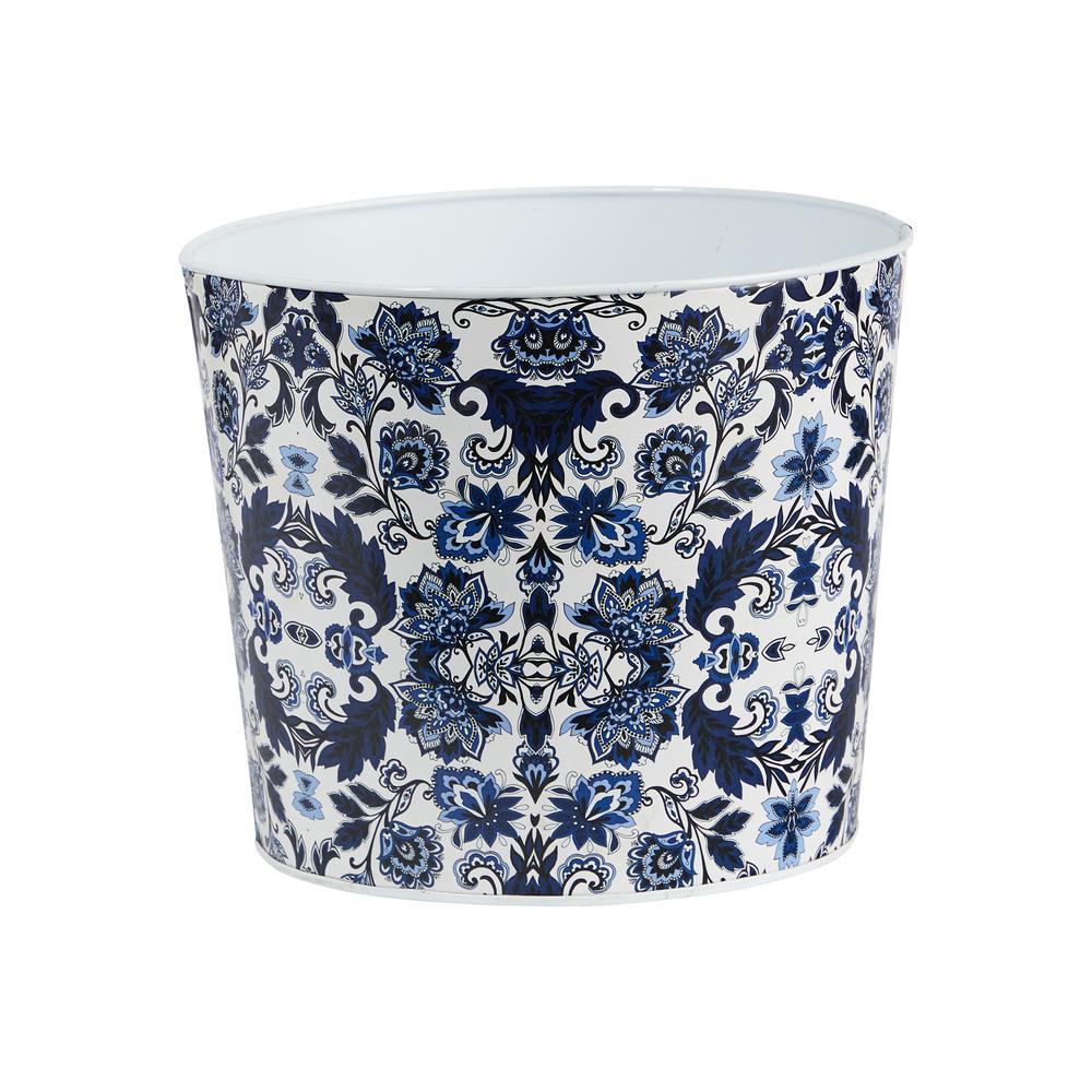 12in. Oriental Blue and White Classic Round Metal Planter. Picture 1