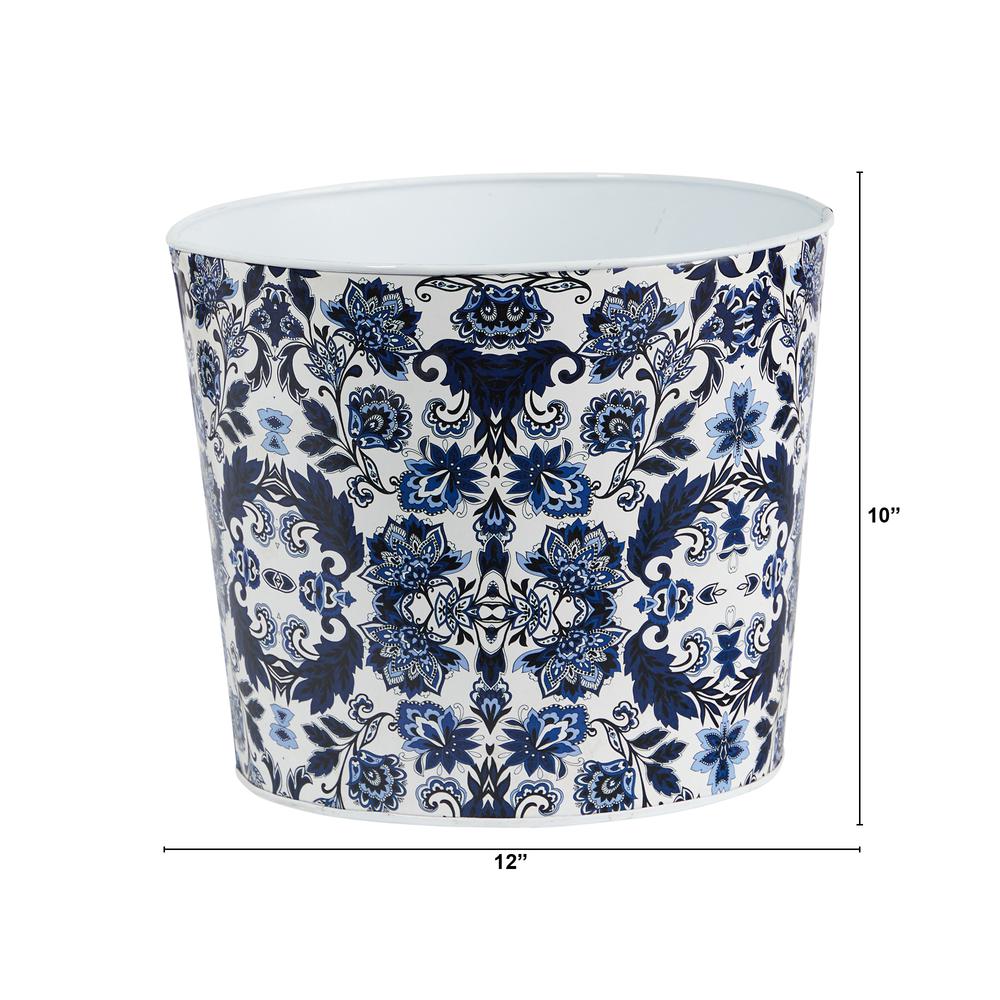 12in. Oriental Blue and White Classic Round Metal Planter. Picture 2