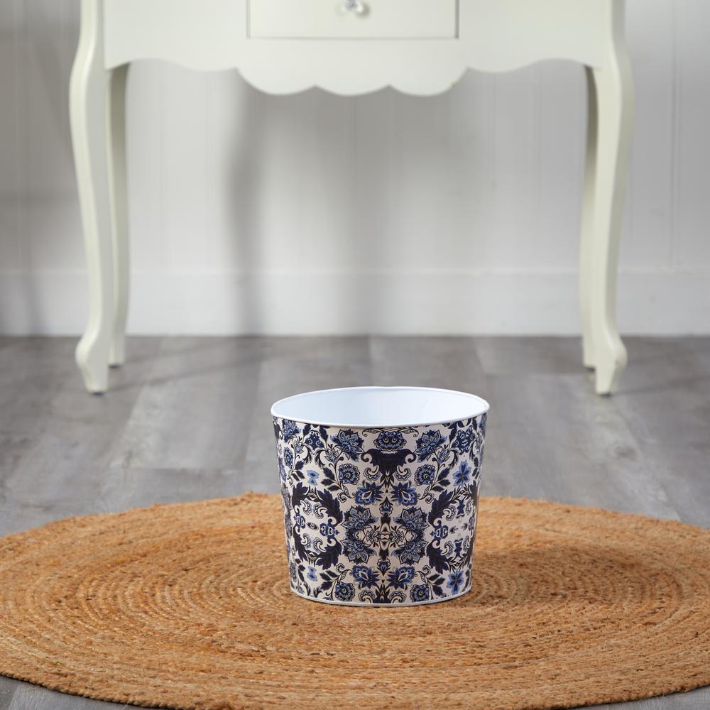 12in. Oriental Blue and White Classic Round Metal Planter. Picture 3