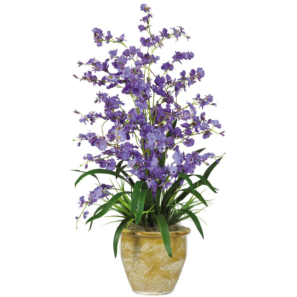 Triple Dancing Lady Silk Flower Arrangement, Purple. Picture 1