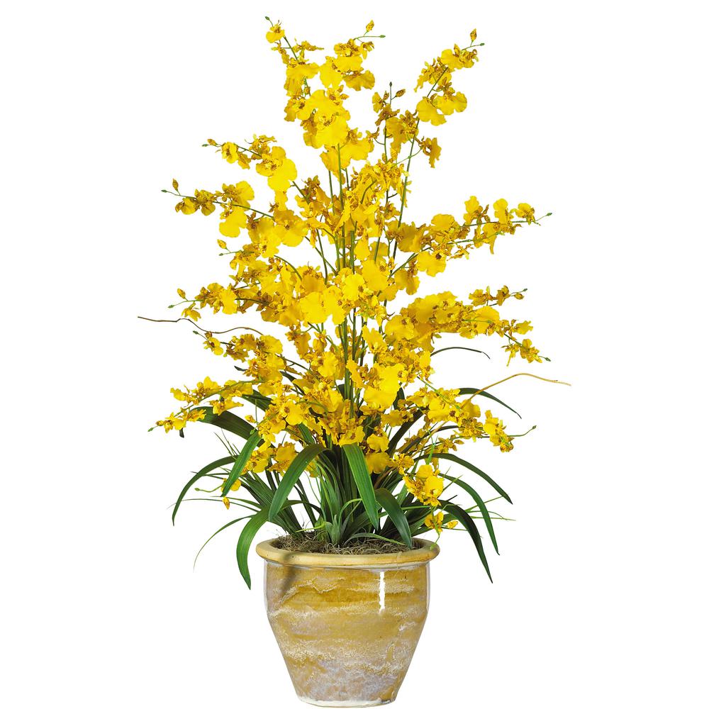 Triple Dancing Lady Silk Flower Arrangement, Yellow. Picture 1