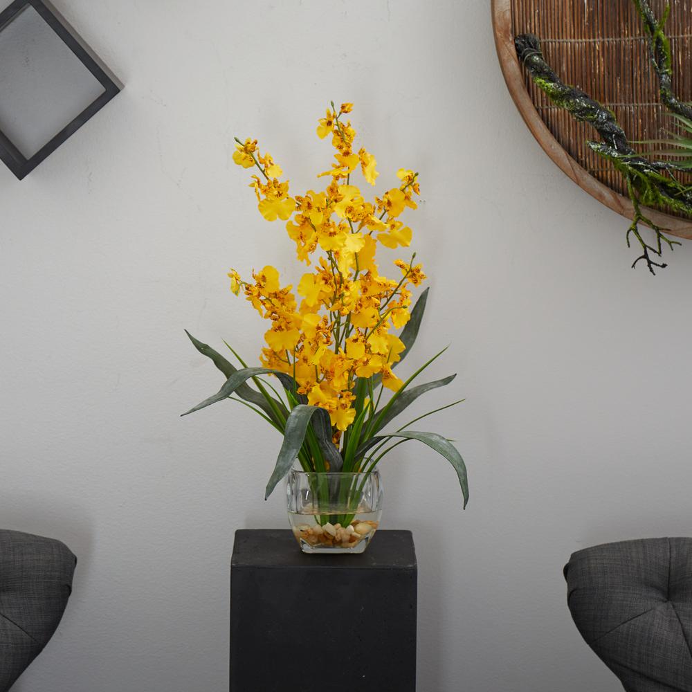 Dancing Lady Orchid Liquid Illusion Silk Flower Arrangement, Yellow. Picture 5