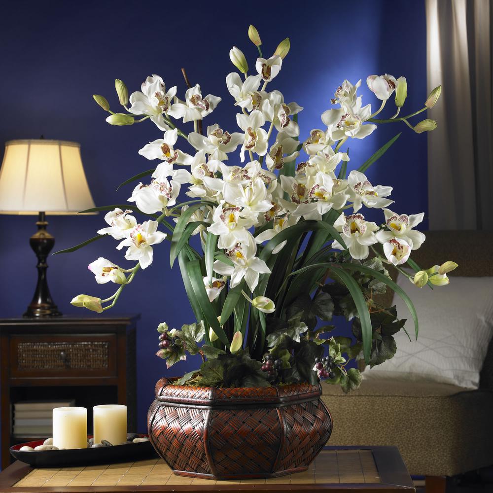Large Cymbidium Silk Flower Arrangement, White. Picture 2