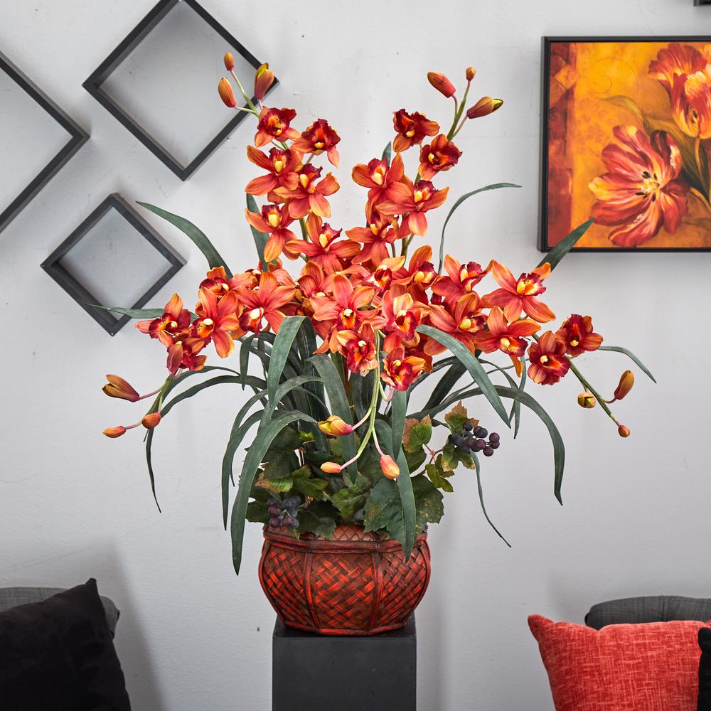 Cymbidium with Decorative Vase Silk Arrangement, Burgundy. Picture 3