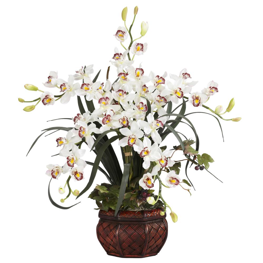Cymbidium with Decorative Vase Silk Arrangement, White. Picture 1