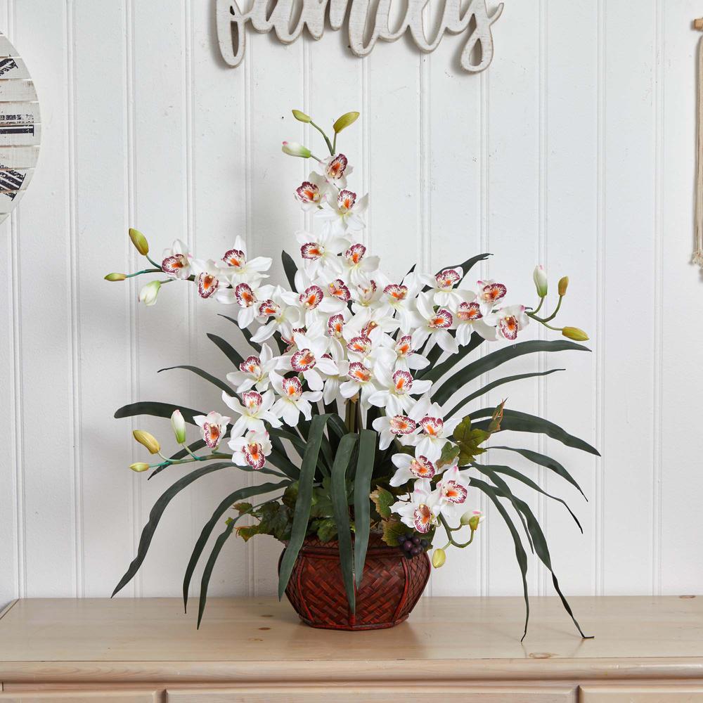Cymbidium with Decorative Vase Silk Arrangement, White. Picture 2