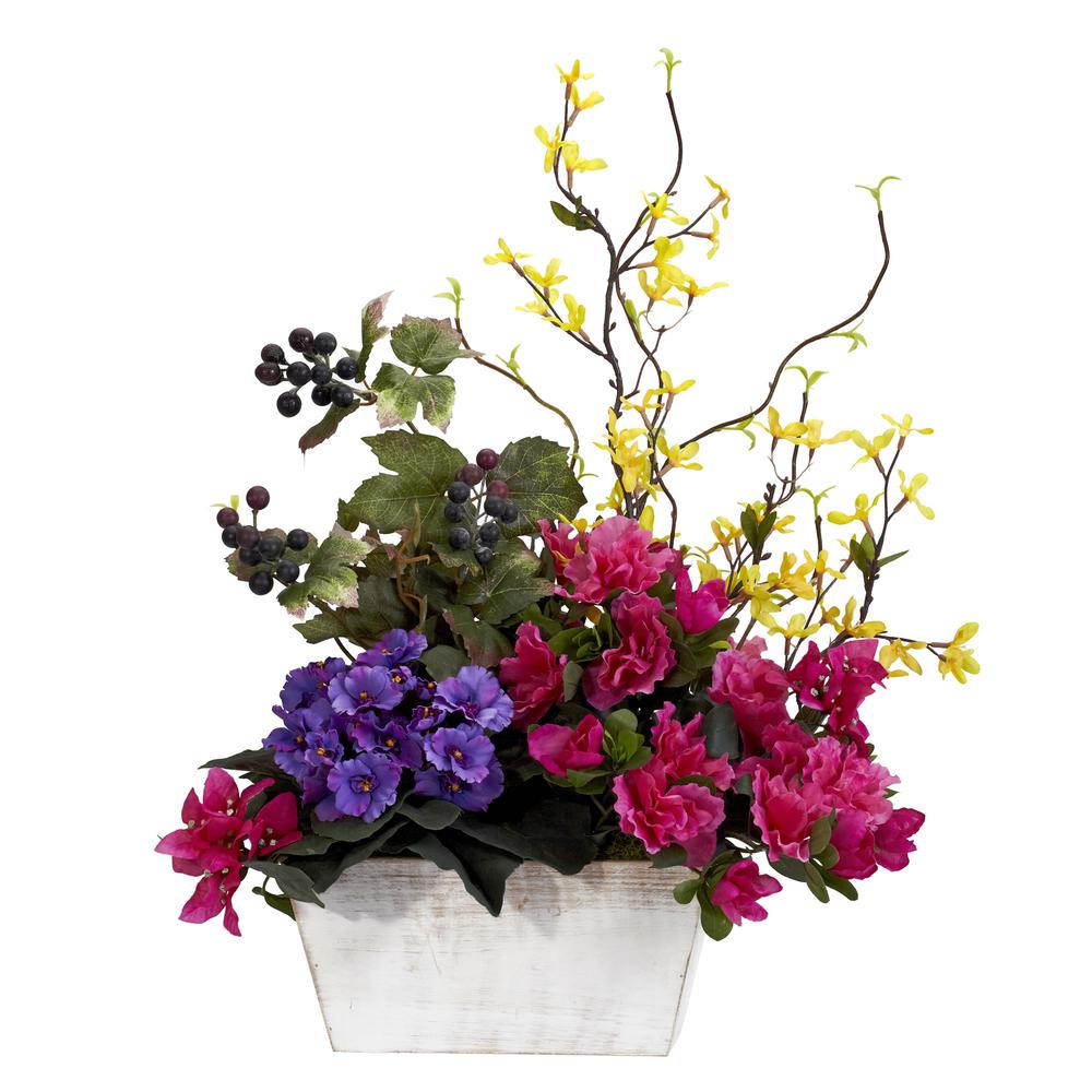 Mixed Floral with Azalea & White Wash Planter Silk Arrangement. Picture 1