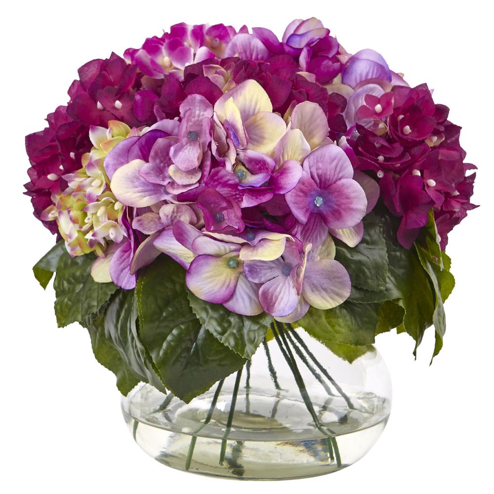 Multi-Tone Beauty Hydrangea with Round Glass Vase. Picture 1