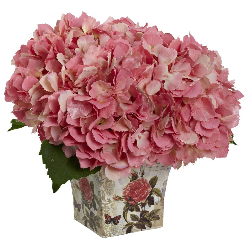 Hydrangea Silk Arrangement with Floral Planter, Pink. Picture 1