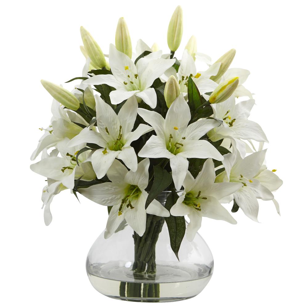 16in. Lily Silk Arrangement with Glass Vase. Picture 1