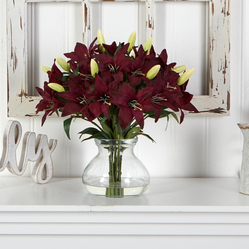 16in. Lily Silk Arrangement with Glass Vase. Picture 4