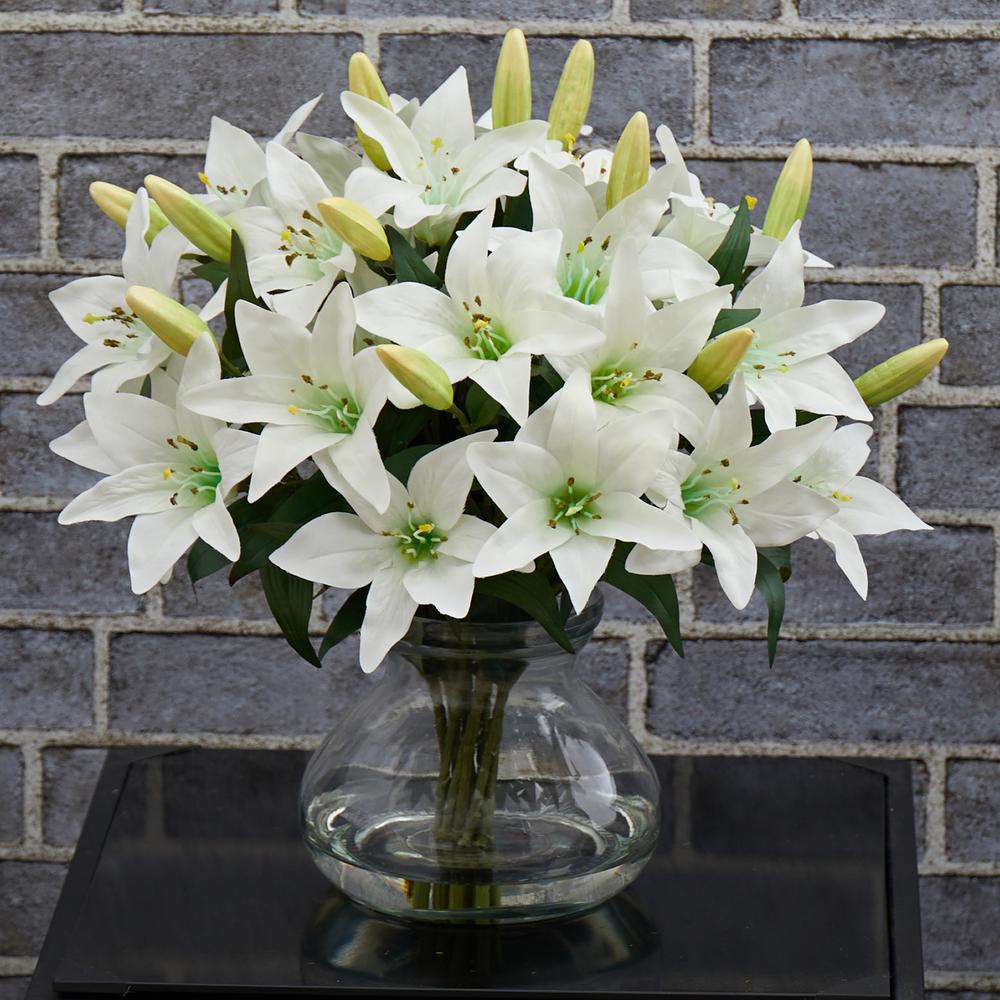 16in. Lily Silk Arrangement with Glass Vase. Picture 2
