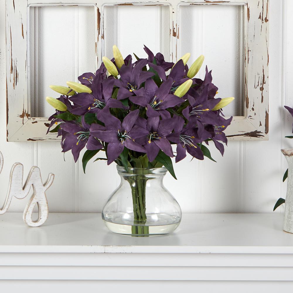 16in. Lily Silk Arrangement with Glass Vase. Picture 7
